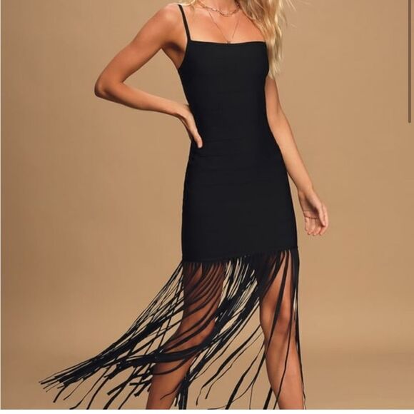 Lulu's Till We Meet Again Black Fringe Bandage Bodycon Maxi Dress Size XL - Picture 1 of 12